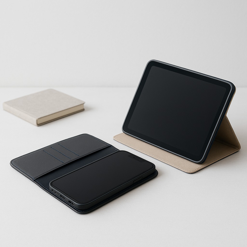Phone and tablet case formats for a desk and carry routine